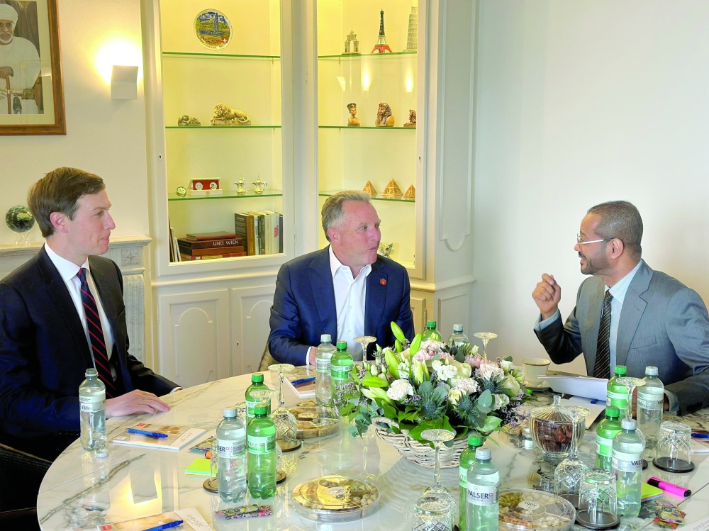 Sayyid Badr bin Hamad al Busaidy, Foreign Minister, with US Special Envoy Steve Witkoff and Jared Kushner, ahead of the indirect US-Iran talks, in Geneva on Tuesday.