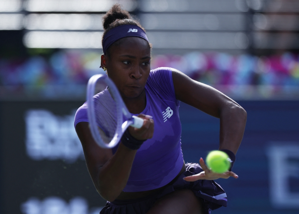 Coco Gauff of the U.S. in action during her round of 32 match against Russia's Anna Kalinskaya  