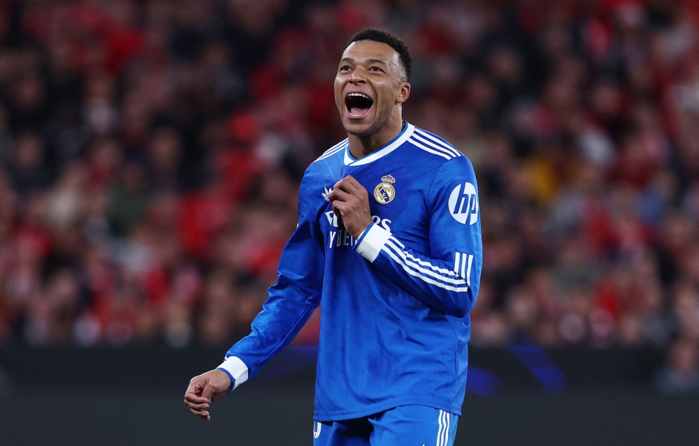   Real Madrid's Kylian Mbappe reacts  