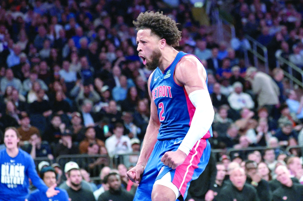 Detroit Pistons' Cade Cunningham (2) reacts after a dunk against the New York Knicks at Madison Square Garden. — Imagn Images
