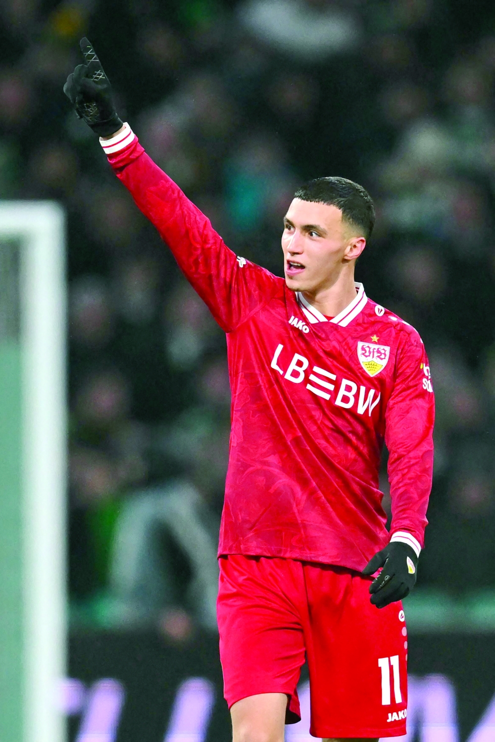 Stuttgart's Moroccan midfielder #11 Bilal El Khannouss celebrates after scoring his second goal during the UEFA Europa League knockout round playoff, 1st leg football match between Celtic and Stuttgart at Celtic Park in Glasgow on February 19, 2026. (Photo by ANDY BUCHANAN / AFP)
