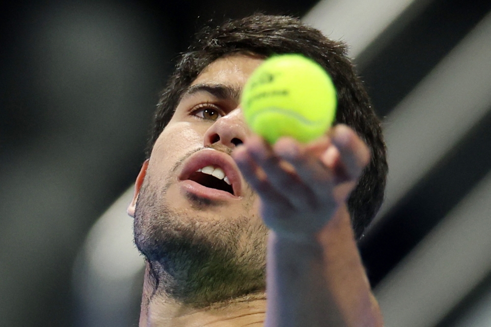 Spain's Carlos Alcaraz in action during his semi final match against Russia's Andrey 