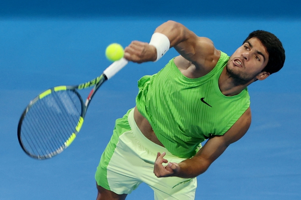 Spain's Alcaraz in action during his semi final match against Russia's Andrey