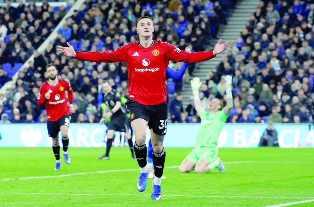 Manchester United's Benjamin Sesko celebrates scoring their first goal against Everton at Hill Dickinson Stadium, Liverpool, Britain. — Reuters