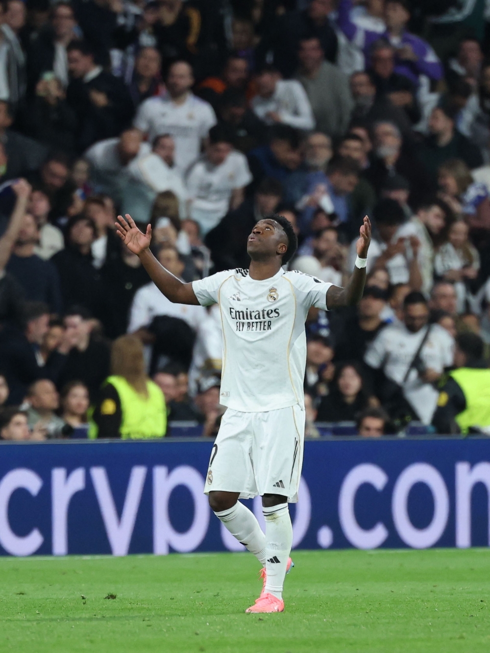 Real Madrid's Brazilian forward #07 Vinicius Junior celebrates scoring his team's second goal