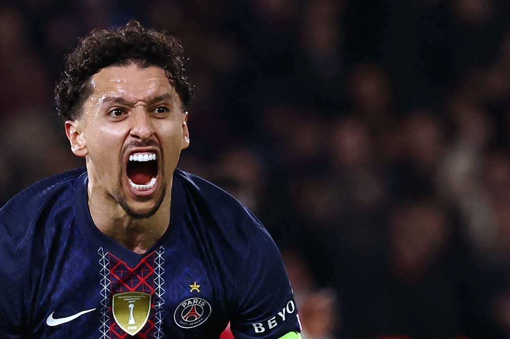 Paris Saint-Germain's Brazilian defender #05 Marquinhos celebrates after scoring Paris Saint-Germain's first goal 
