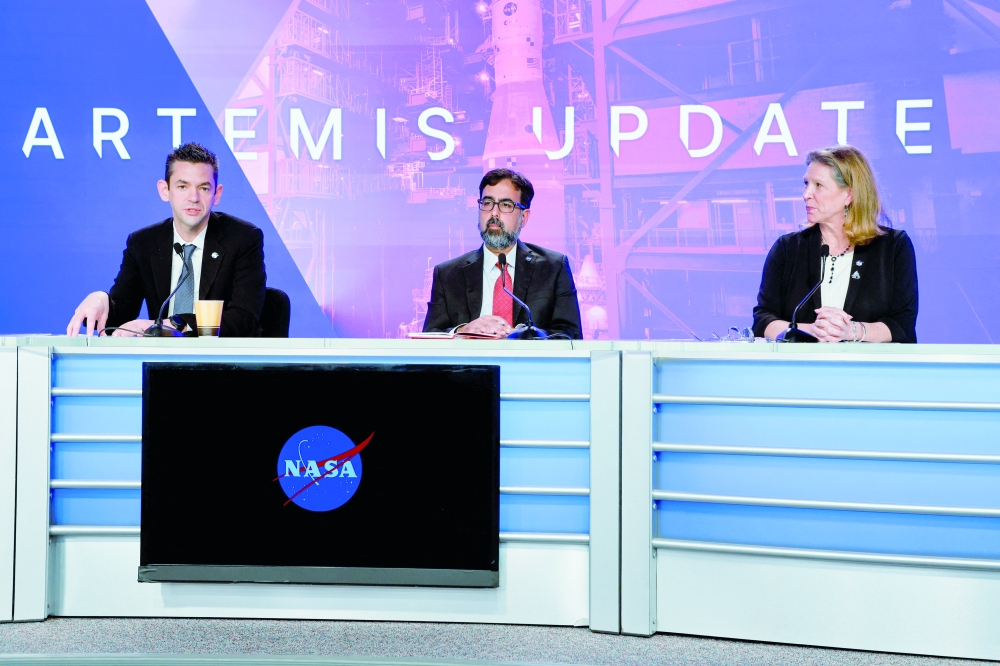 Nasa Administrator Jared Isaacman, Associate Administrator Amit Kshatriya and Lori Glaze, acting associate administrator for Exploration Systems Development Mission Directorate, take part in a press conference at the Kennedy Space Center in Cape Canaveral, Florida. — Reuters