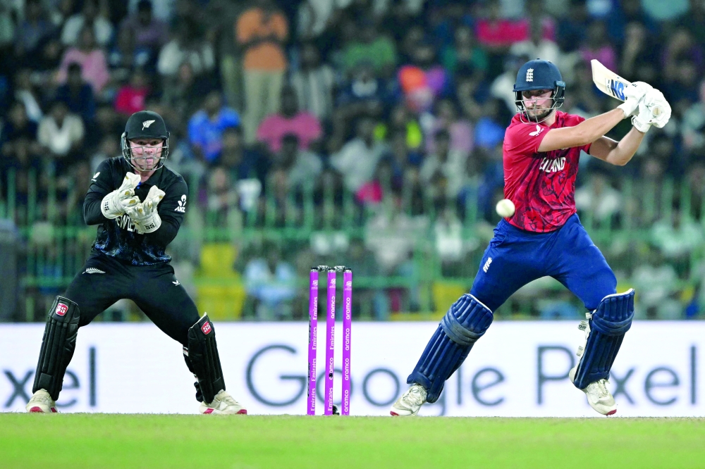 England's Will Jacks plays a shot during the 2026 ICC Men's T20 Cricket World Cup Super Eights match between England and New Zealand at the R Premadasa Stadium in Colombo on February 27, 2026. (Photo by Ishara S. KODIKARA / AFP)
