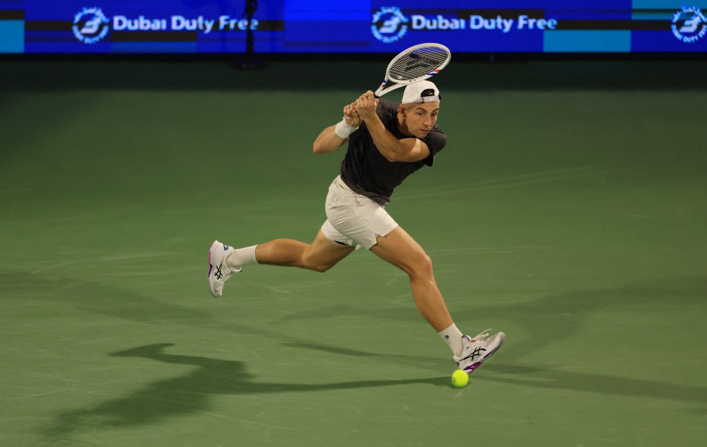 Netherlands' Tallon Griekspoor in action during his semi final match against Russia's Andrey Rublev 