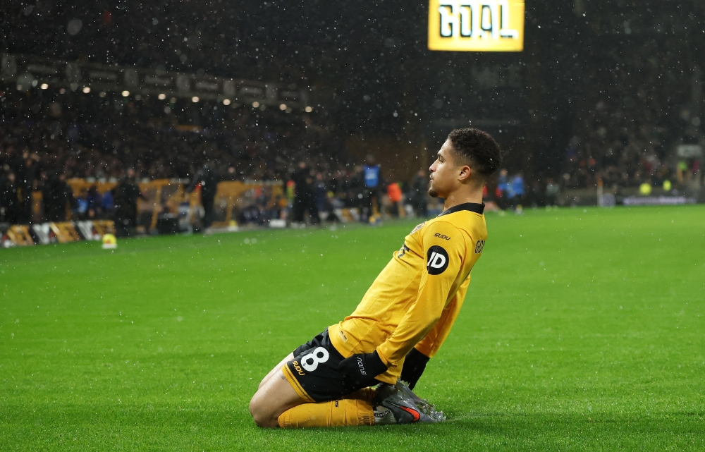 Wolverhampton Wanderers' Joao Gomes celebrates scoring their first goal 