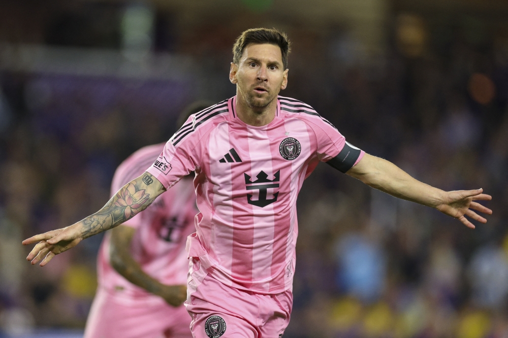  Inter Miami CF forward Lionel Messi (10) reacts after scoring a goal against Orlando City  