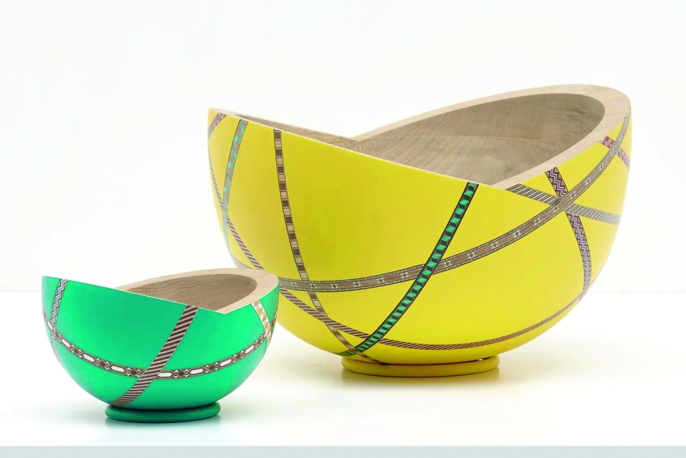 Hand-turned bowls from the Marquetry Mania collection by Nada Debs.