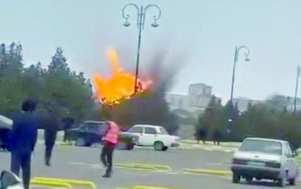 A drone explodes at the airport of Nakhchivan, Azerbaijan. — Reuters