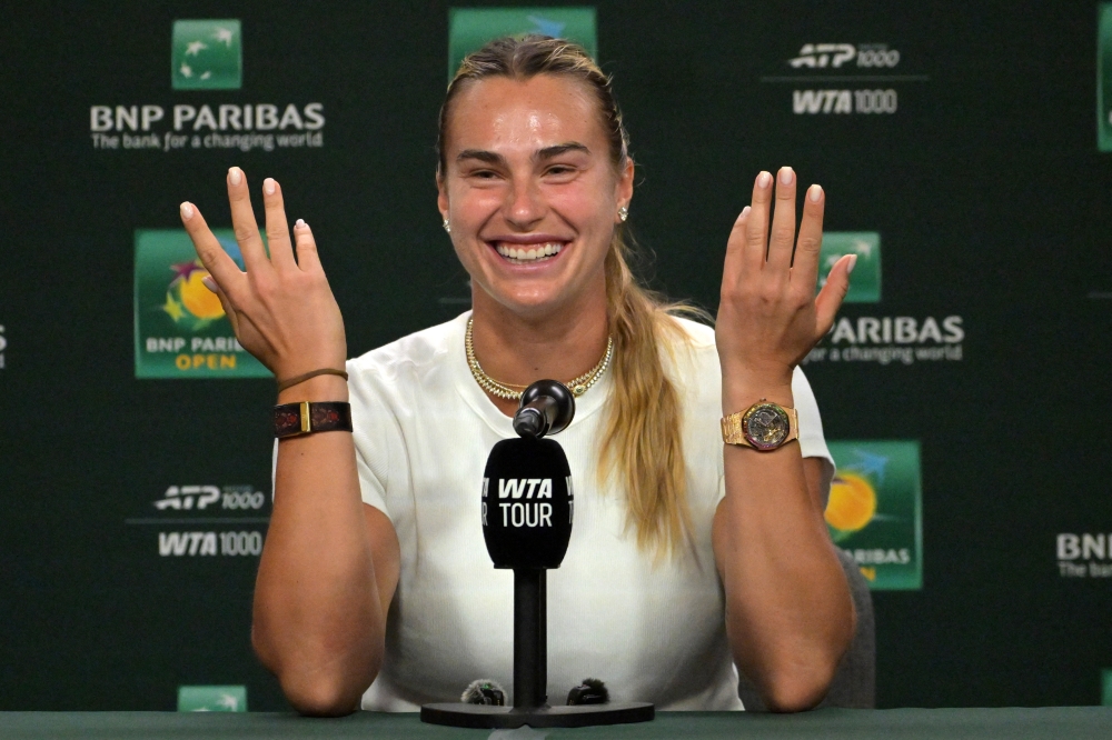  Aryna Sabalenka (BEL) speaks to the media at a news conference during the BNP Paribas Open at the Indian Wells Tennis Garden