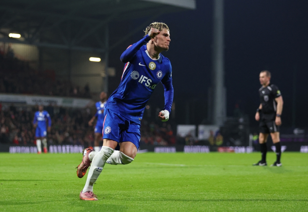 Chelsea's Alejandro Garnacho celebrates their first goal an own goal scored by Wrexham's Arthur Okonkwo 