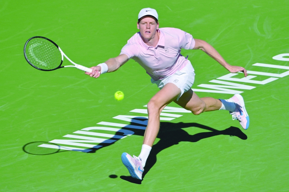 Mar 8, 2026; Indian Wells, CA, USA; Jannik Sinner (ITA) during his third round match defeating Denis Shapovalov (CAN) in the BNP Paribas Open at the Indian Wells Tennis Garden. Mandatory Credit: Jayne Kamin-Oncea-Imagn Images