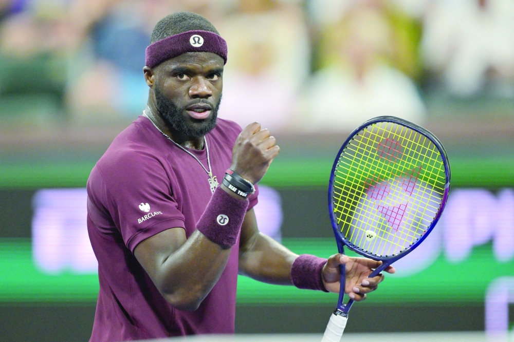 Mar 8, 2026; Indian Wells, CA, USA; Frances Tiafoe (USA) reacts during his third round match against Flavio Cobolli (ITA) in the BNP Paribas Open at the Indian Wells Tennis Garden. Mandatory Credit: Jayne Kamin-Oncea-Imagn Images