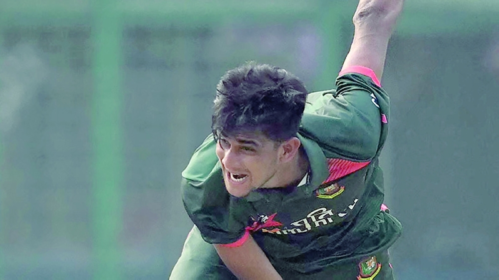 Bangladesh's Nahid Rana bowls during the first one-day international (ODI) cricket match between Bangladesh and Pakistan at Sher-e-Bangla National Stadium in Mirpur on March 11, 2026. (Photo by MUNIR UZ ZAMAN / AFP)