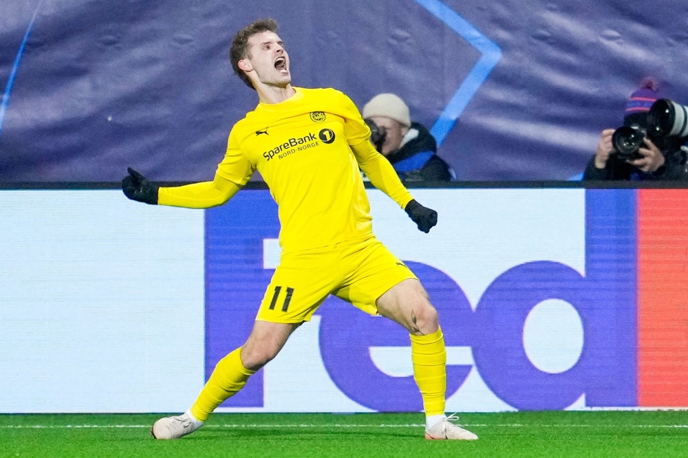 Bodoe/Glimt's Norwegian forward #11 Ole Didrik Blomberg celebrates scoring his team's second goal 