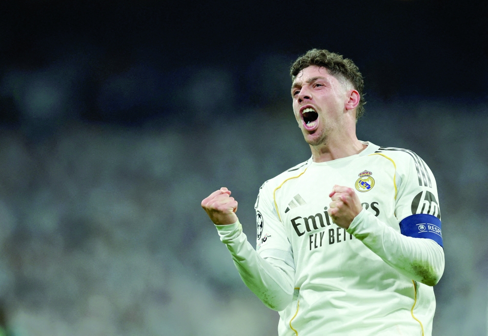 Soccer Football - UEFA Champions League - Round of 16 - First Leg - Real Madrid v Manchester City - Santiago Bernabeu, Madrid, Spain - March 11, 2026 Real Madrid's Federico Valverde celebrates scoring their first goal REUTERS/Violeta Santos Moura     TPX IMAGES OF THE DAY