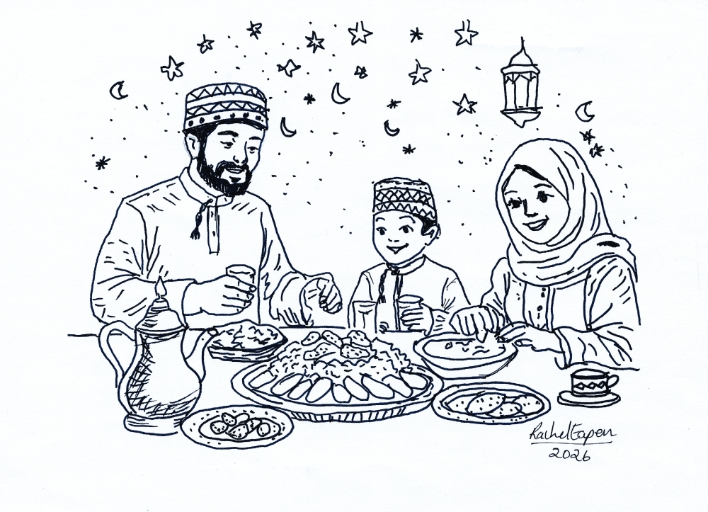 Rachel's illustration on iftar celebrations by a family