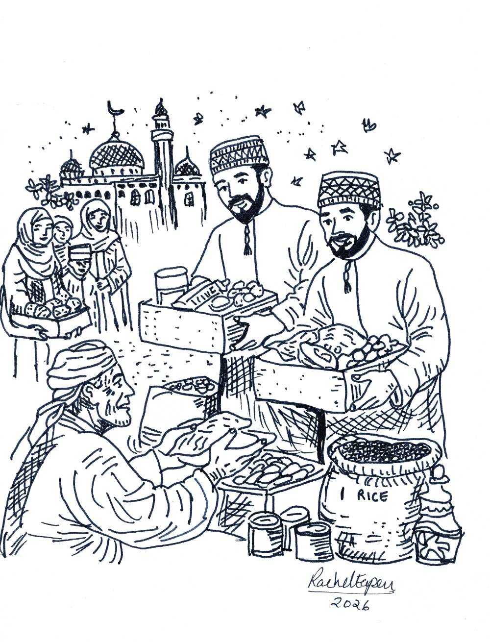 Rachel's illustration on charity work at a mosque during Ramadhan