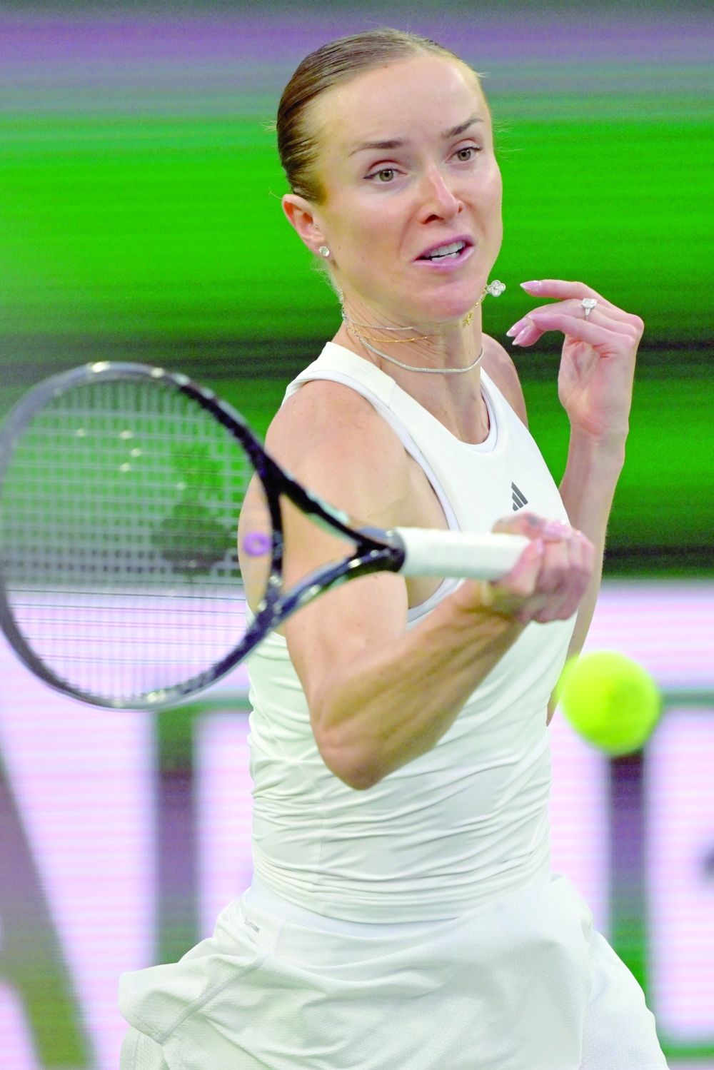   Elina Svitolina (BEL) hits a shot against Elena Rybakina (KAZ) in her semifinal match — Jayne Kamin-Oncea-Imagn Images