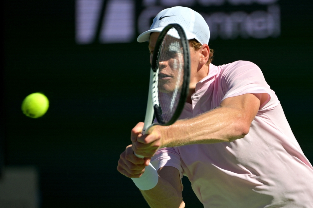  Jannik Sinner (ITA) hits a shot as he defeated Alexander Zverev (GER) in the semifinal of the BNP Paribas Open  