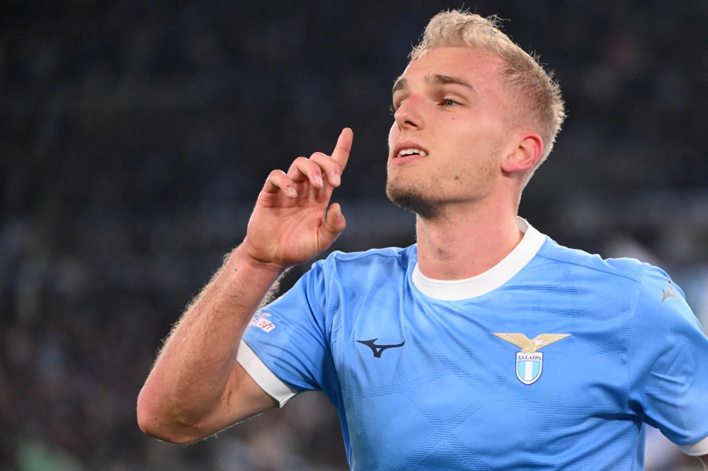 Lazio's Danish forward #18 Gustav Isaksen celebrates after scoring Lazio's first goal  