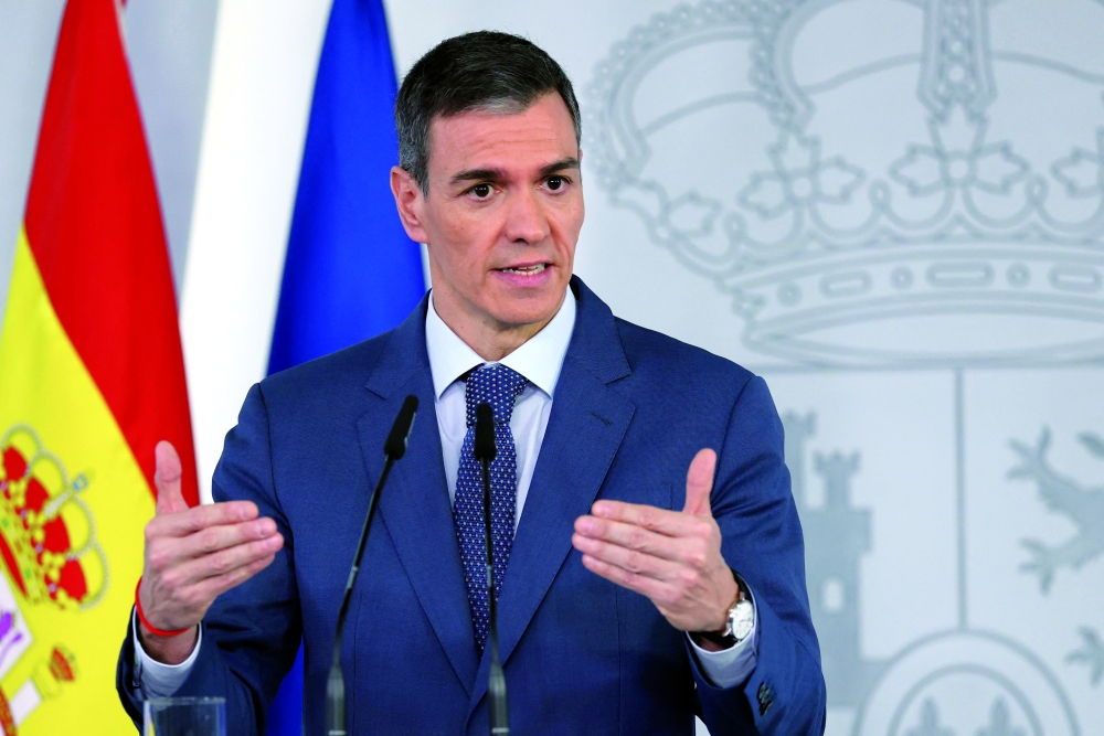 Spain's Prime Minister Pedro Sanchez gives a press conference following a cabinet meeting about the energy crisis at the Moncloa Palace in Madrid. — AFP