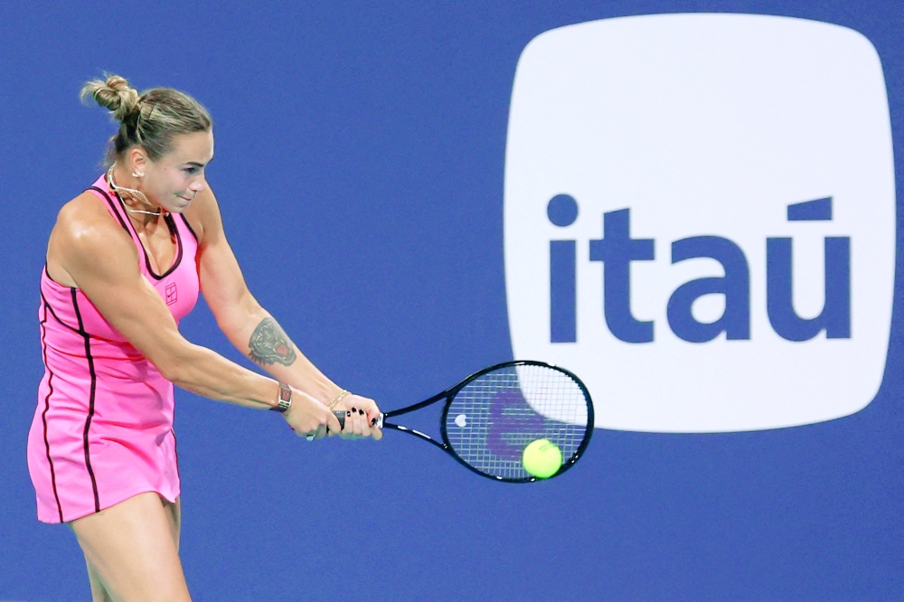 Aryna Sabalenka hits a backhand against Ann Li (USA) on day four of the 2026 Miami Open at Hard Rock Stadium. — Imagn Images