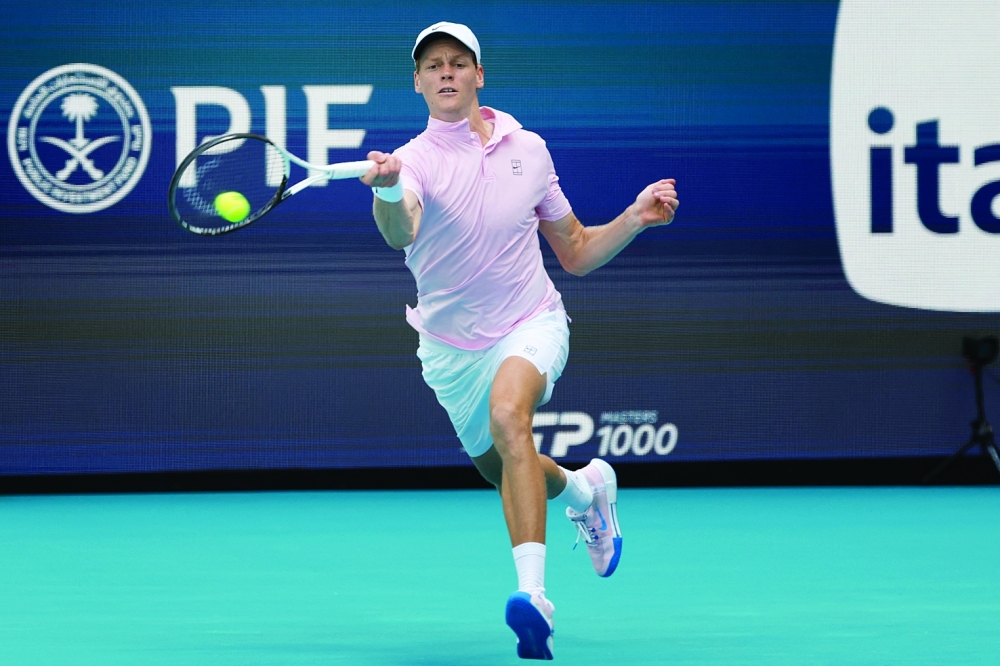 Jannik Sinner (ITA) hits a forehand against Damir Dzumhur (BIH) on day five of the 2026 Miami Open at Hard Rock Stadium. — Imagn Images
