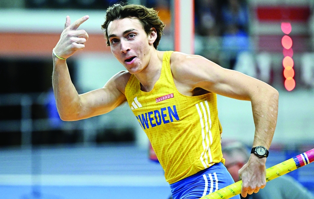 Sweden's Armand Duplantis reacts after his jump in the men's pole vault final during the World Athletics Indoor Championships Kujawy Pomorze 2026 in Torun, Poland on March 21, 2026. (Photo by Kirill KUDRYAVTSEV / AFP)
