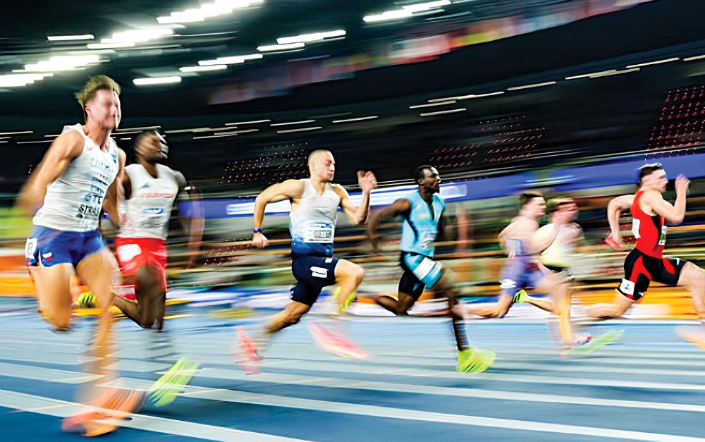 Ali al Balushi in action during the 60 m sprint.