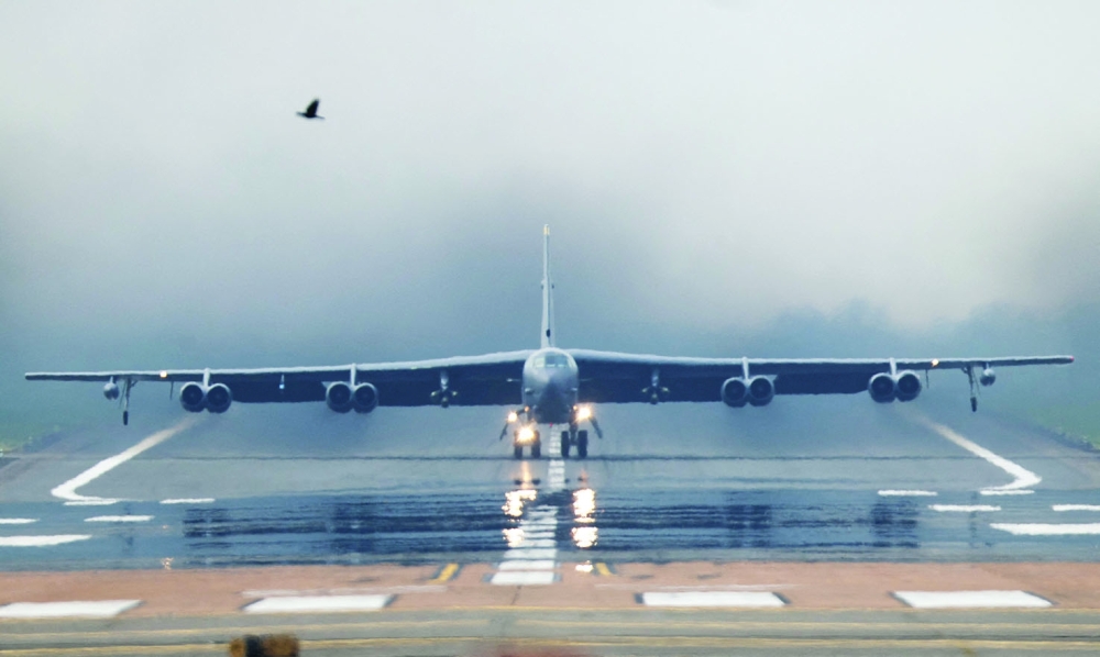 A US Air Force Boeing B-52 Stratofortress takes off at RAF Fairford airbase, used by United States Air Force personnel, amid the US-Israeli conflict with Iran, in Fairford, Gloucestershire, Britain, on Sunday. - Reuters