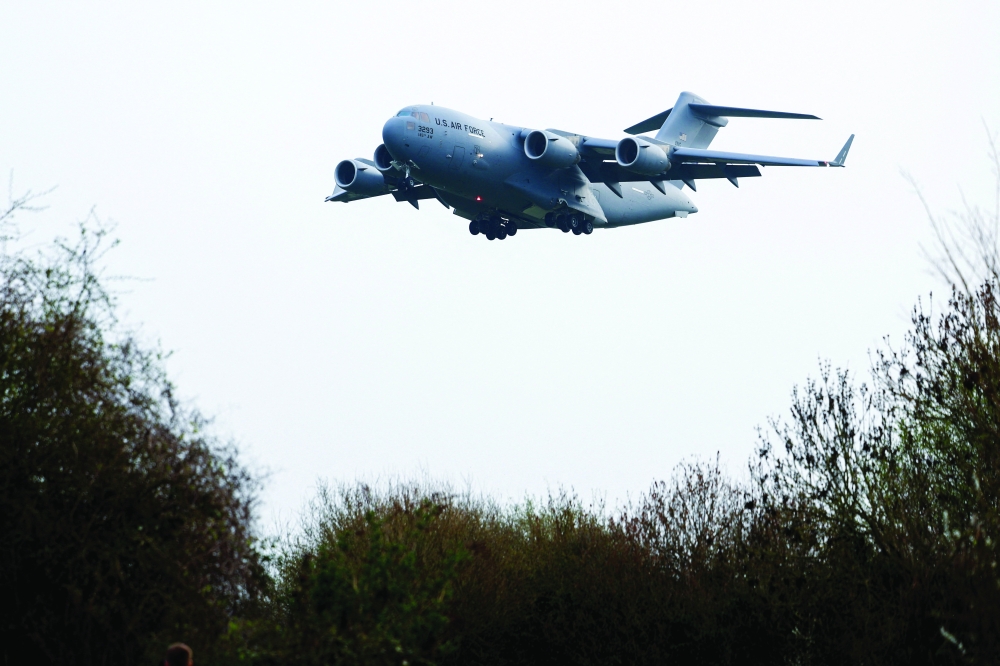 US Air Force C-17 Globemaster III lands at RAF Fairford airbase, Gloucestershire, Britain. — Reuters