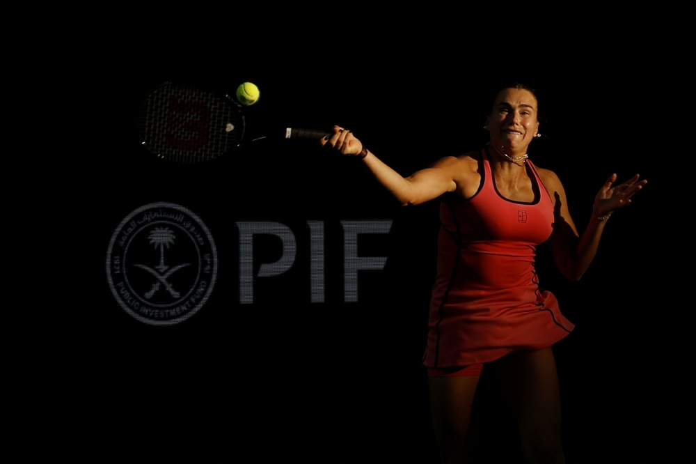  SA; Aryna Sabalenka hits a forehand against Qinwen Zheng (CHN)  