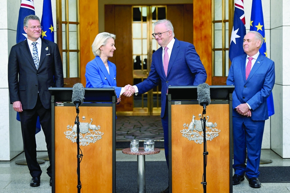 Australian Prime Minister Anthony Albanese and President of the European Commission Ursula von der Leyen shake hands during a press conference at Parliament House in Canberra, Australia. — Reuters