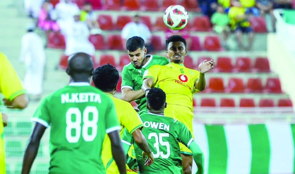 Players from Seeb and Sohar battle for an aerial ball during the tightly contested match, won 1-0 by Seeb.