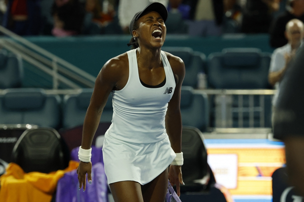  USA; Coco Gauff (USA) celebrates after her match against Belinda Bencic (SUI) on day eight of the 2026 Miami Open  
