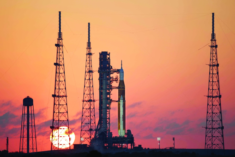 Nasa's Artemis II Space Launch System (SLS) rocket and Orion spacecraft are seen at sunrise at Launch Pad 39B at the Kennedy Space Centre in Cape Canaveral, Florida. — AFP
