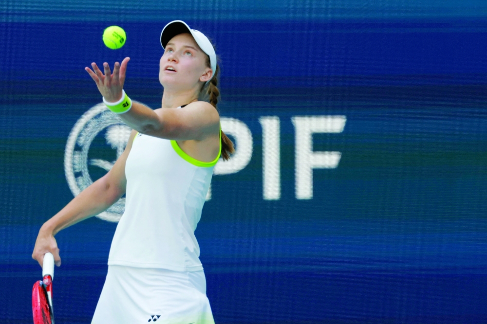Elena Rybakina (KAZ) serves against Jessica Pegula (USA) on day nine of the 2026 Miami Open at Hard Rock Stadium. — Imagn Images
