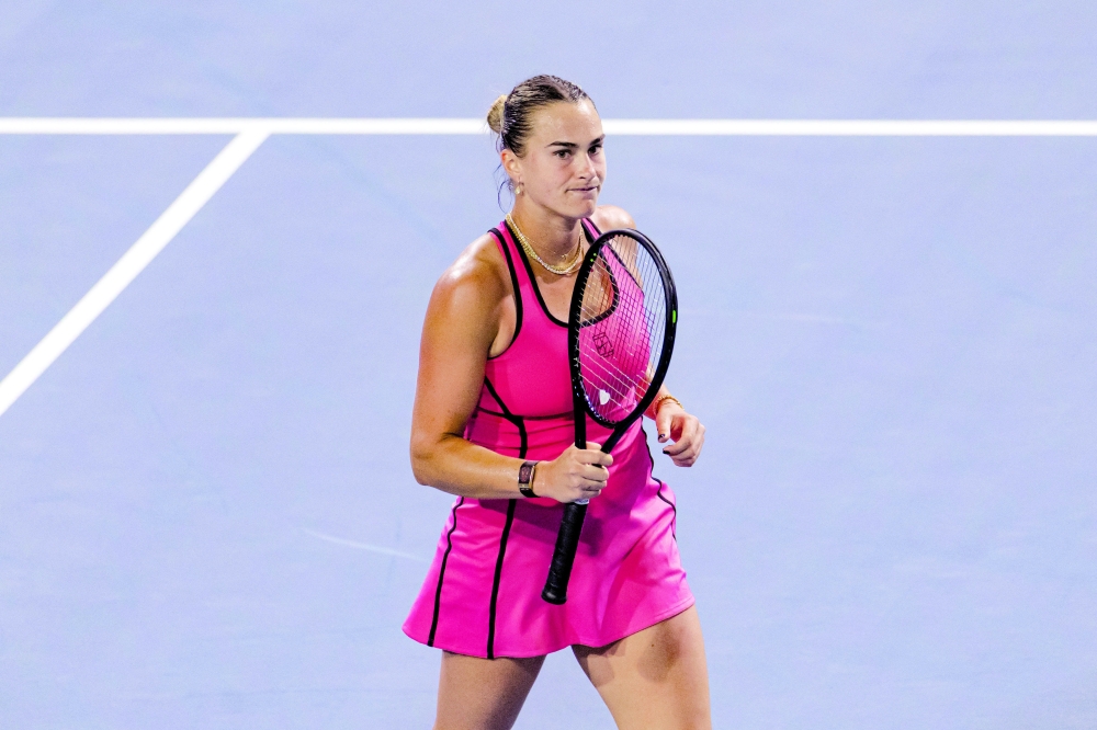 Aryna Sabalenka of Belarus gestures during the quarterfinal against Hailey Baptiste of the United States in the Miami WTA Open at Hard Rock Stadium. — Imagn Images