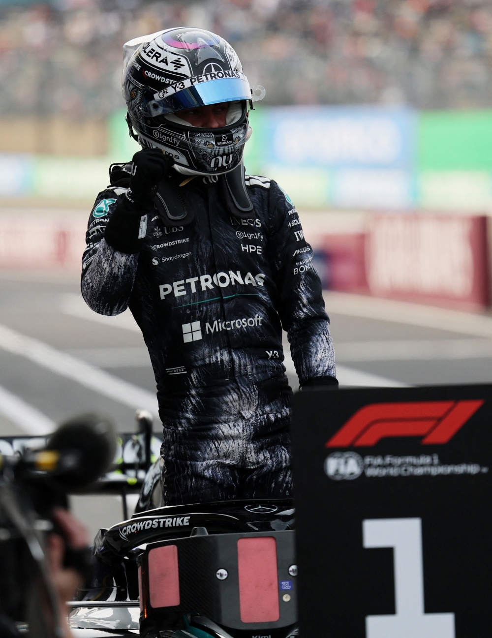  Mercedes' Andrea Kimi Antonelli celebrates after qualifying in pole position 