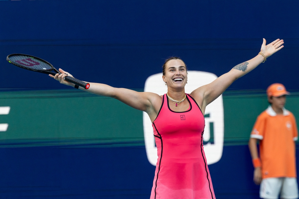Aryna Sabalenka of Belarus celebrates beating Coco Gauff of the United States in the final of the women’s singles 