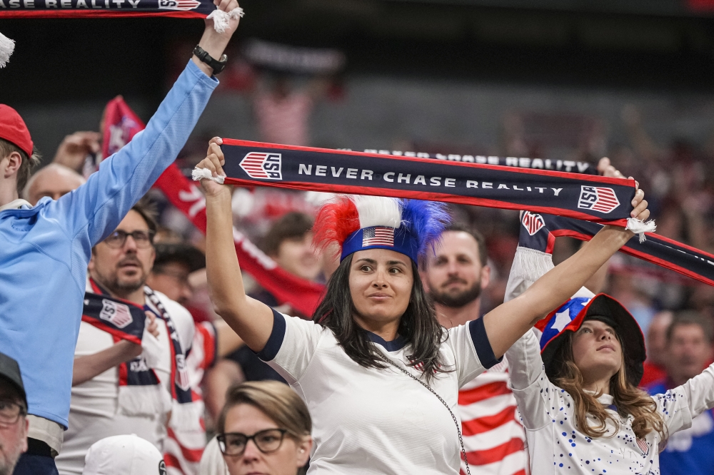 USA soccer fans shown during the match against Belgium at Mercedes-Benz Stadium