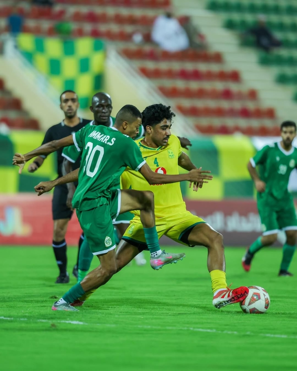 Seeb’s player shields the ball under close pressure from Sohar during their recent Jindal League clash, which ended in a 1-0 win for Seeb.