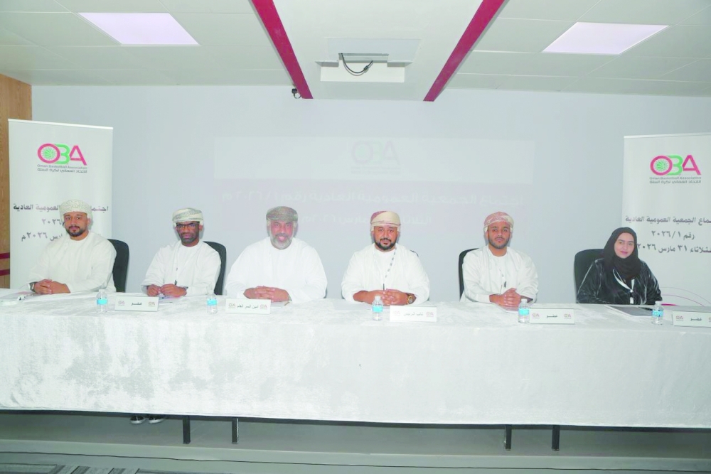 The meeting was chaired by Abu Bakr bin Ahmed al Jahwari, OBA Vice-Chairman, and attended by Saeed bin Ahmed al Habsi, Acting Secretary-General, board members, and representatives of 21 clubs. — Saleh al Sharji