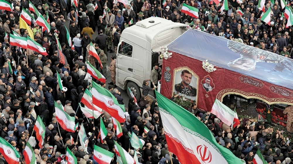 Iranians attend a funeral ceremony for the Revolutionary Guards Navy Commander Alireza Tangsiri, who was killed in strikes, in Tehran, Iran, on Wednesday. - Reuters