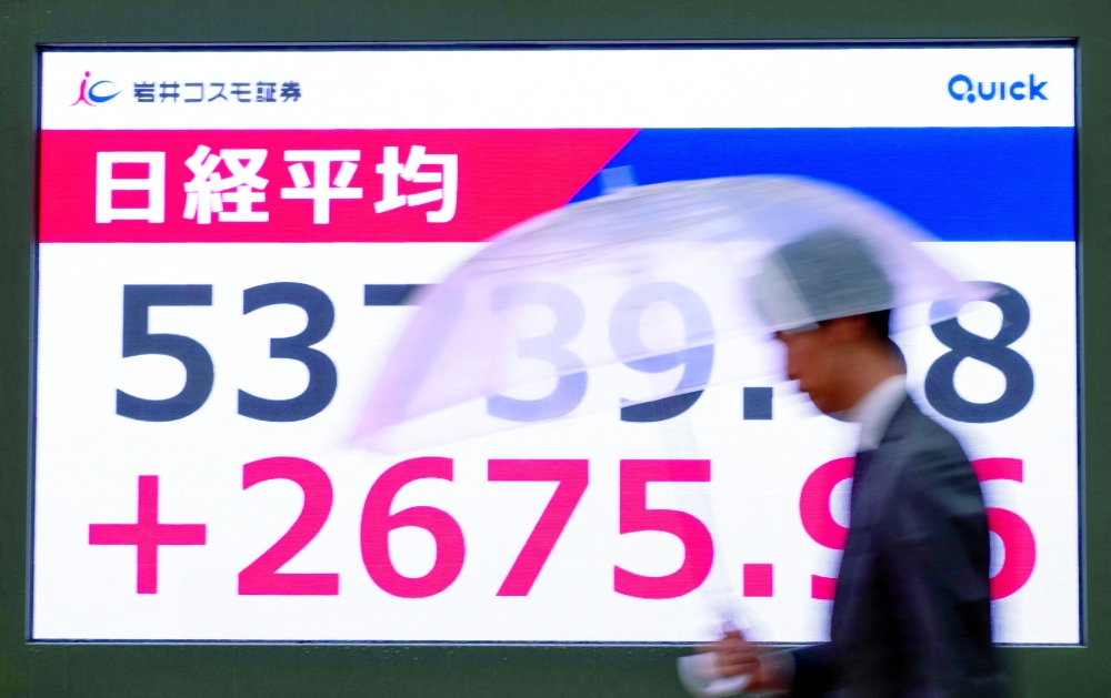 An electronic quotation board displaying the closing numbers of the Nikkei Stock Average on the Tokyo Stock Exchange in Tokyo. - AFP
